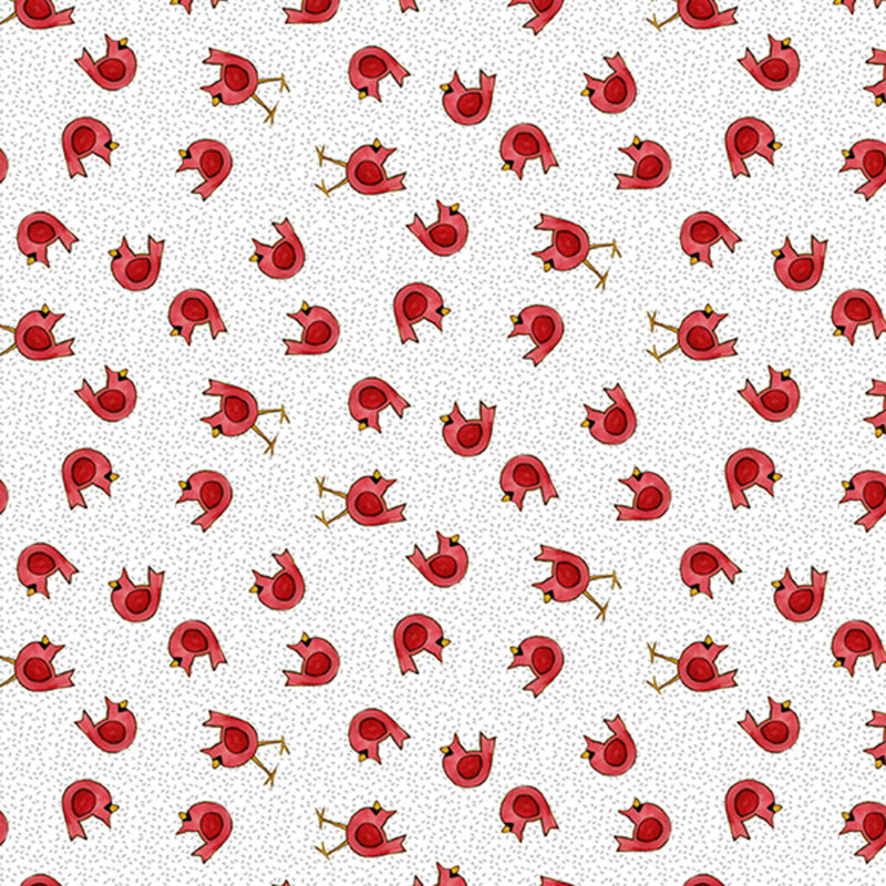 Stylized red birds tossed on gray pinpoint dotted background.