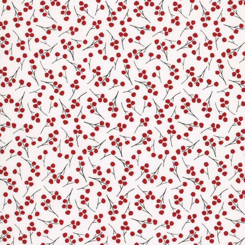 White fabric featuring sprigs of holly berries.