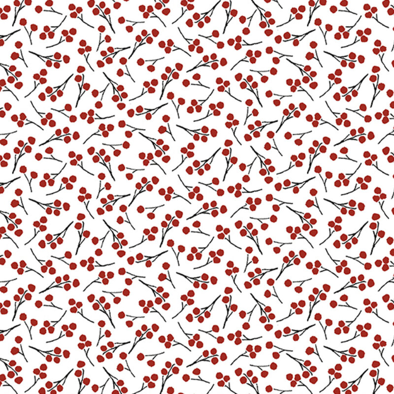 White fabric featuring sprigs of holly berries.