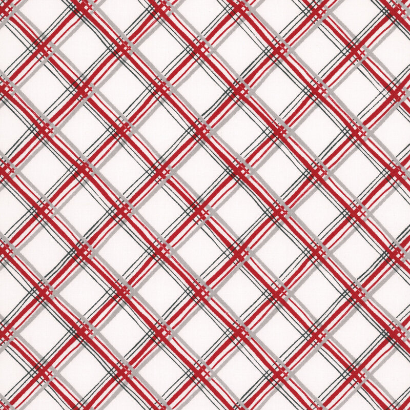 Red and gray lattice plaid on white fabric.