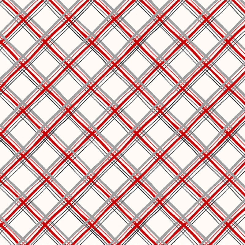 Red and gray lattice plaid on white fabric.