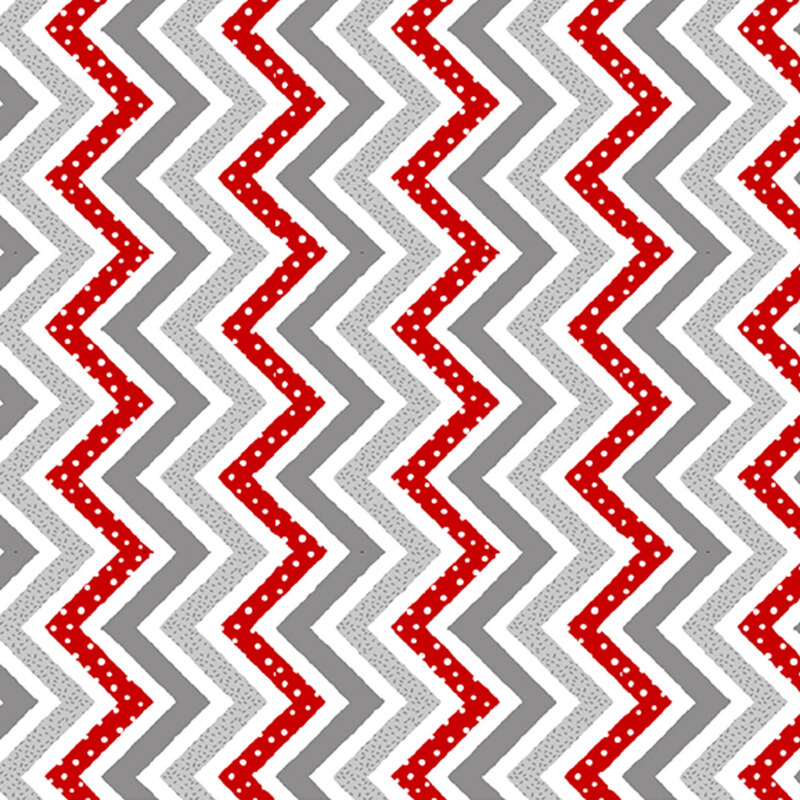 Zig-zag stripes of gray, dark gray and red on white fabric.