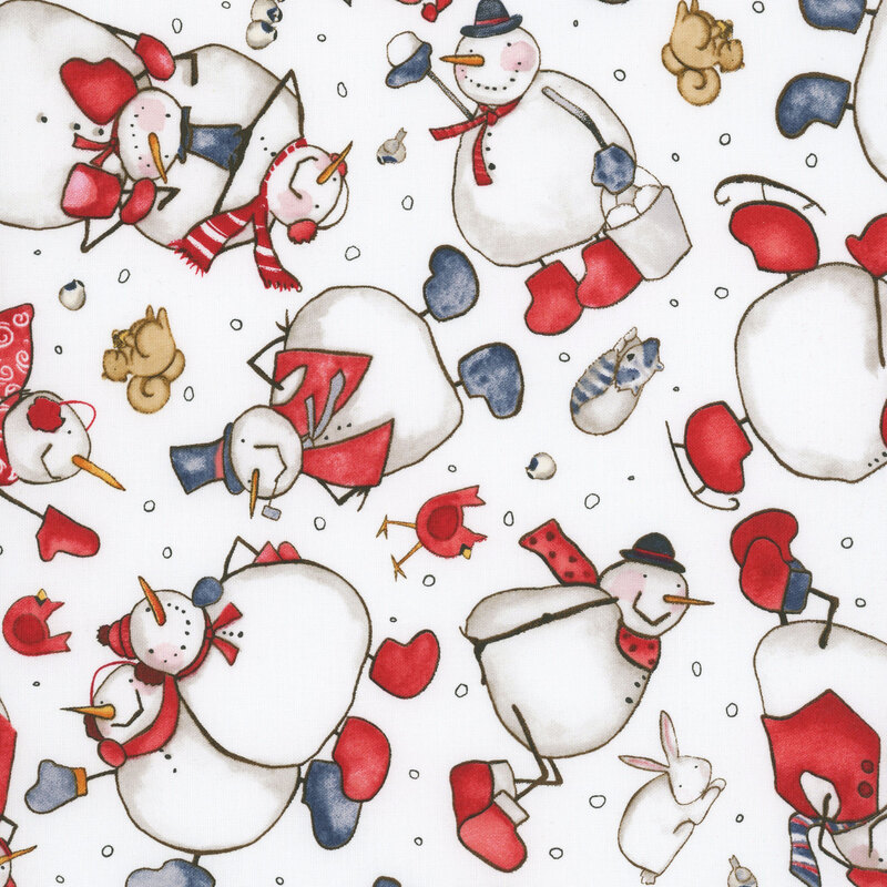 Frolicking snowmen playing in the snow with birds, raccoons, bunnies, and squirrels on white fabric.