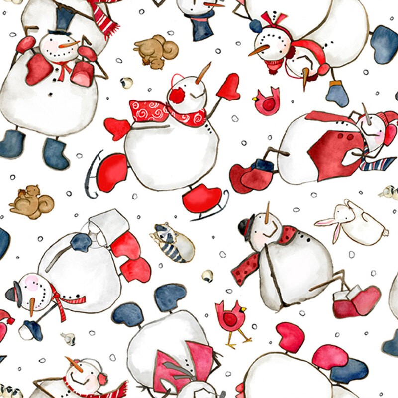 Frolicking snowmen playing in the snow with birds, raccoons, bunnies, and squirrels on white fabric.