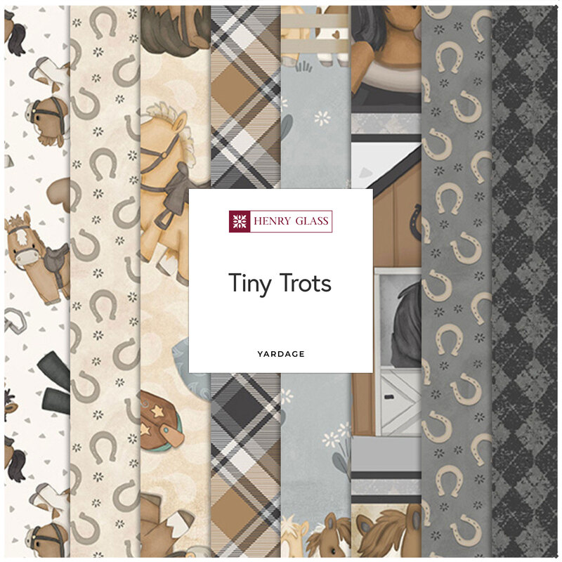 A collection of horse-themed fabric patterns featuring horses, hats, and horseshoes with Tiny Trots label.