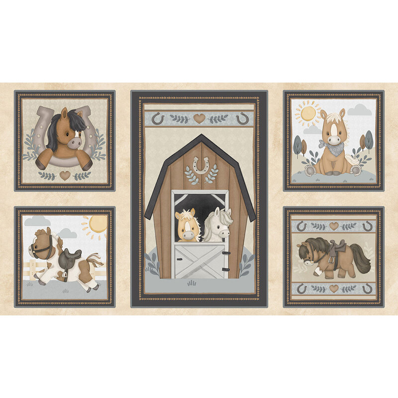 Cream fabric panel with a block pattern of cartoon horses and ranch-themed motifs in neutral tones.