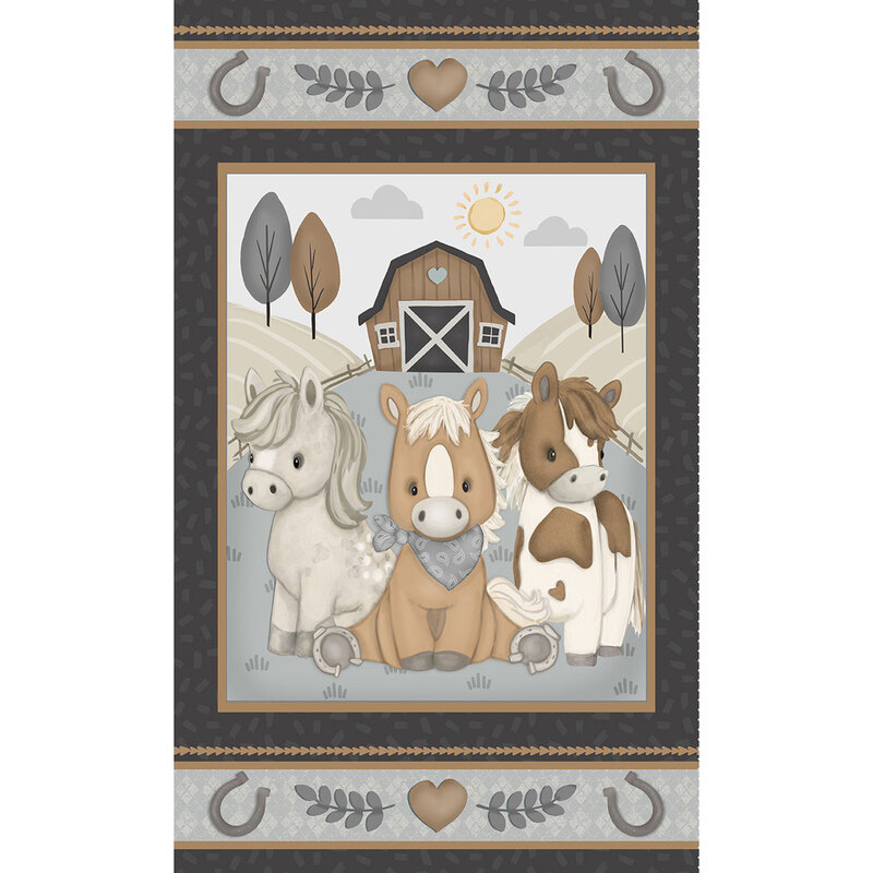 Gray fabric panel with a scene of cartoon horses in a farmyard rendered in calming neutral tones.