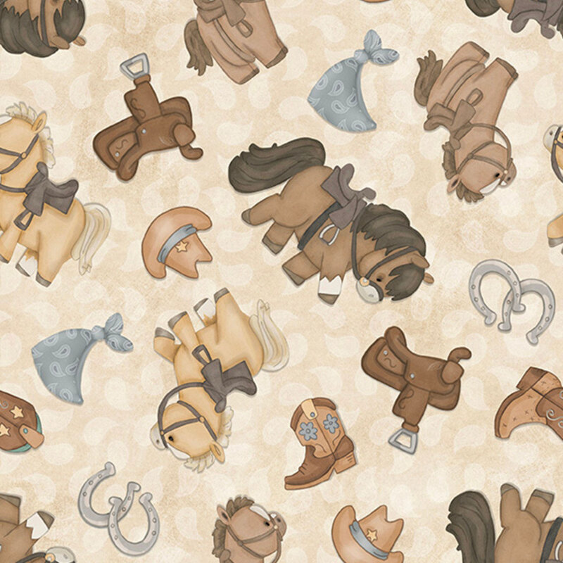 Cream fabric with a tossed pattern of cartoon horses and cowboy motifs over a mottled background with teardrop accents.