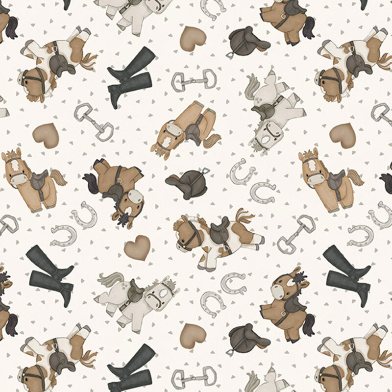 White fabric with a scattered pattern of cartoon horses and riding motifs.