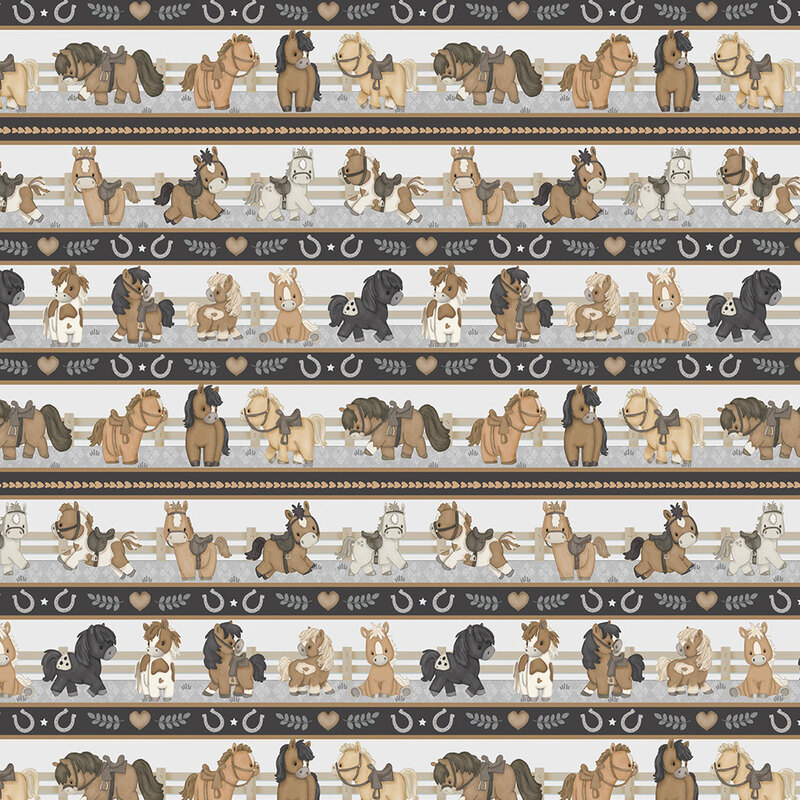 Gray border stripe fabric with a repeating pattern of cartoon horses, hearts, and other farmyard motifs in neutral tones.