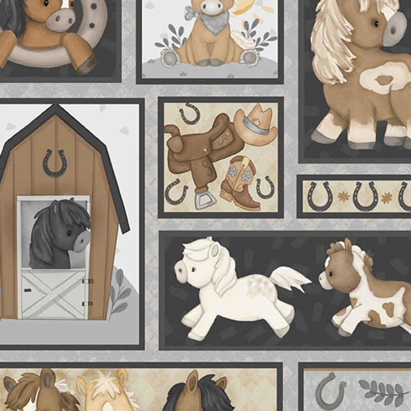 Gray fabric with a block pattern of cartoon horses and ranch-themed motifs in neutral tones.