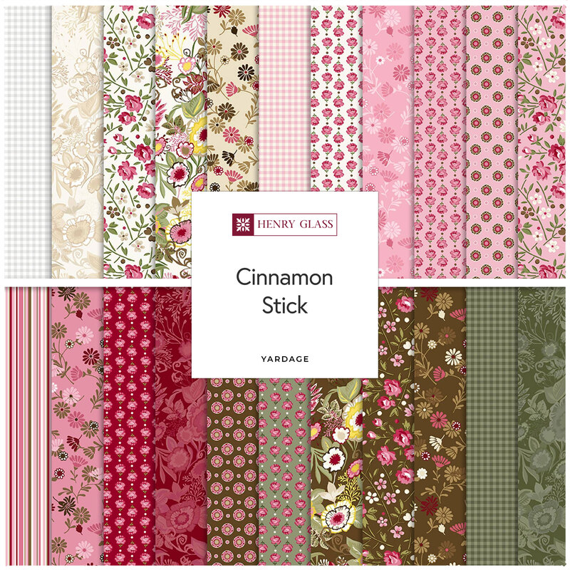 A collage of fabrics included in the Cinnamon Stick collection with cream, pink, brown, and green fabrics with floral designs.