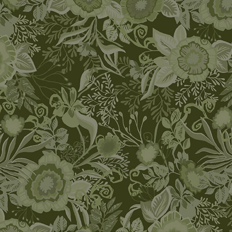 Hunter green fabric featuring tonal floral bouquets.