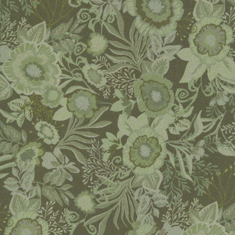 muted hunter green fabric featuring tonal floral bouquets.