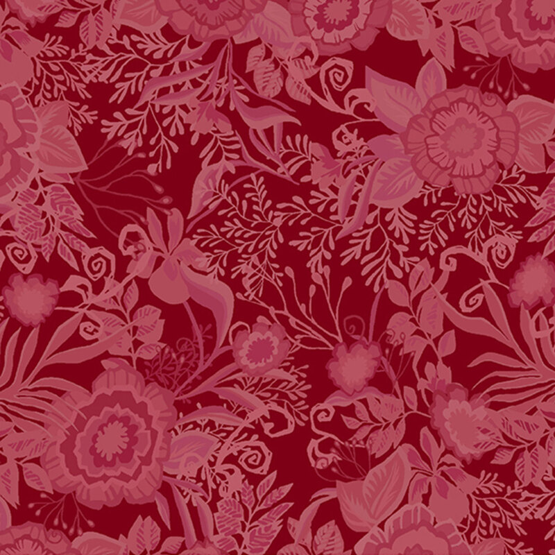 Mulberry red fabric featuring tonal floral bouquets.