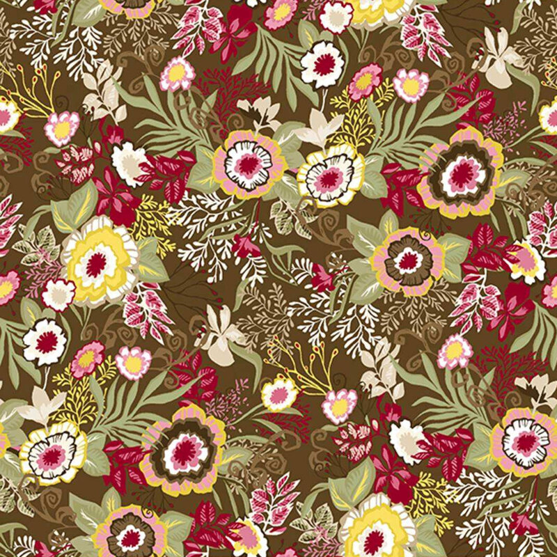Brown fabric featuring retro-style flowers and leaves.