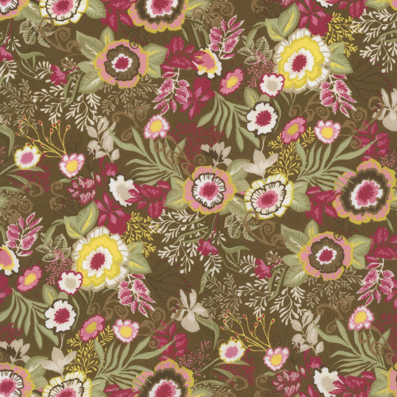 Brown fabric featuring retro-style flowers and leaves.