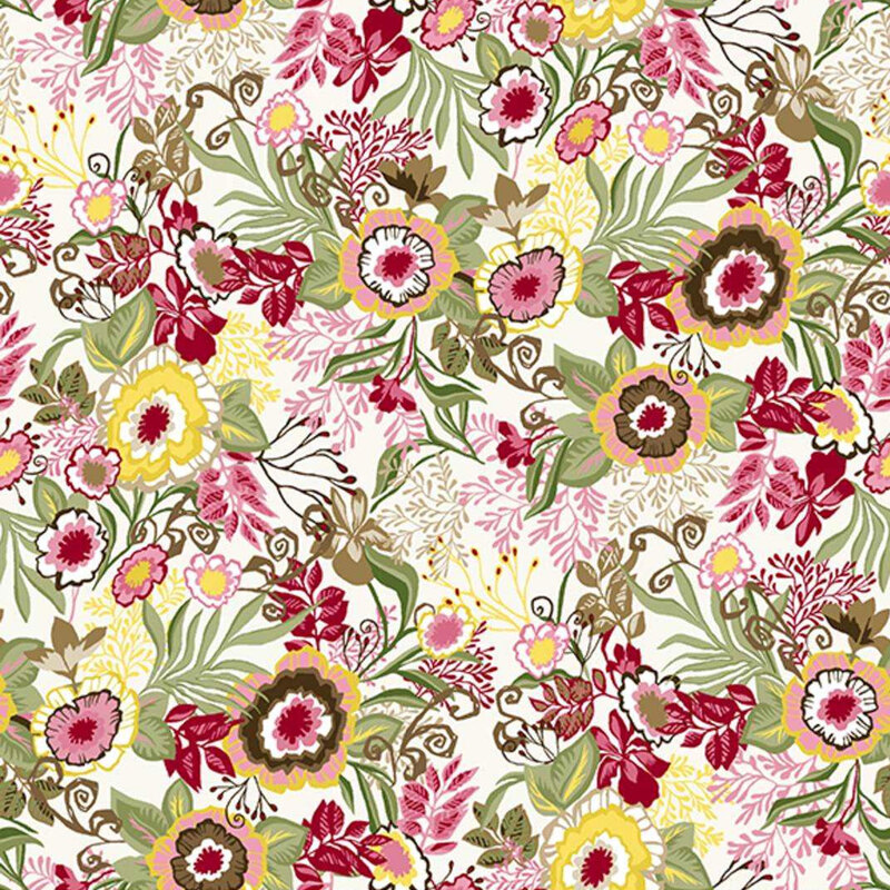 White fabric featuring retro-style flowers and leaves.