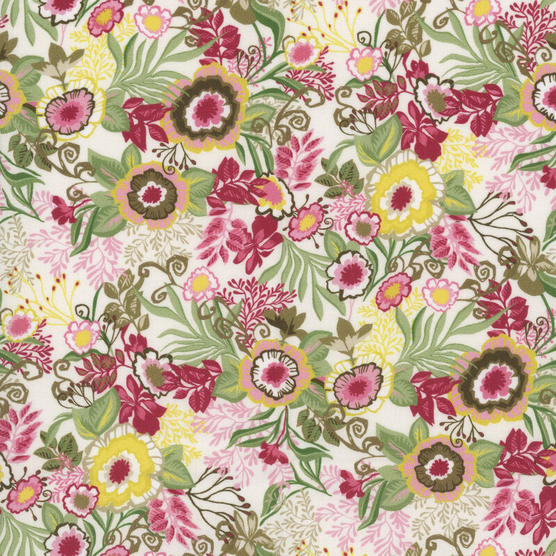 White fabric featuring retro-style flowers and leaves.