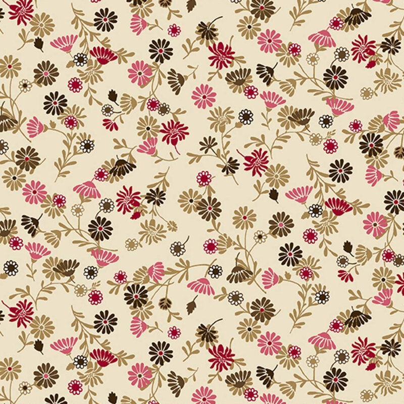 Cream fabric with scattered red, pink, brown, and green flowers.