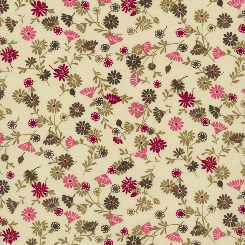 dark Cream fabric with scattered red, pink, brown, and green flowers.