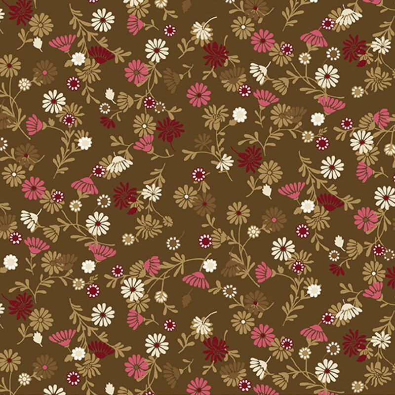 Brown fabric with scattered red, pink, white, and green flowers.