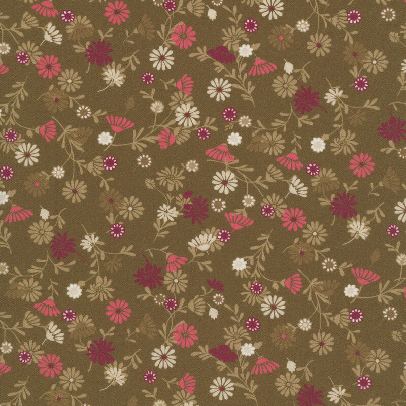 Brown fabric with scattered red, pink, white, and green flowers.