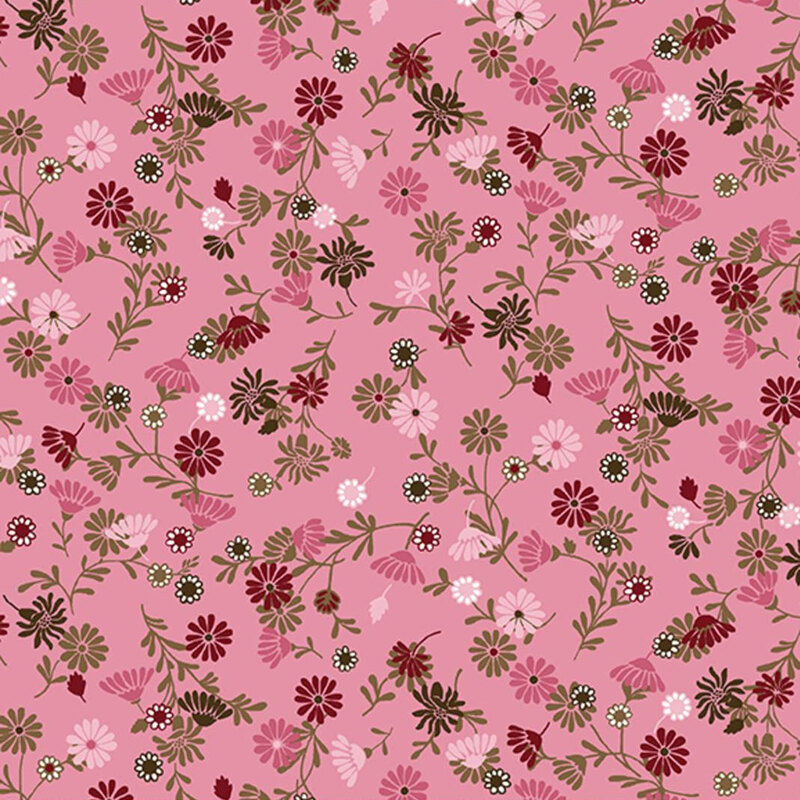 Pink fabric with scattered red, pink, green, and white flowers.