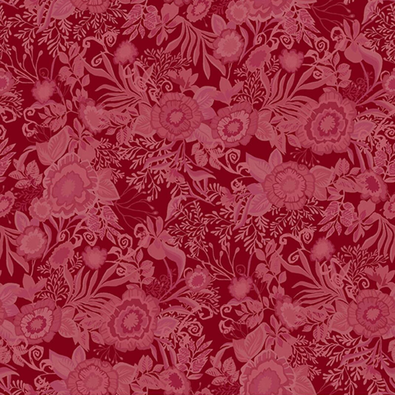 Mulberry red fabric featuring tonal floral bouquets.