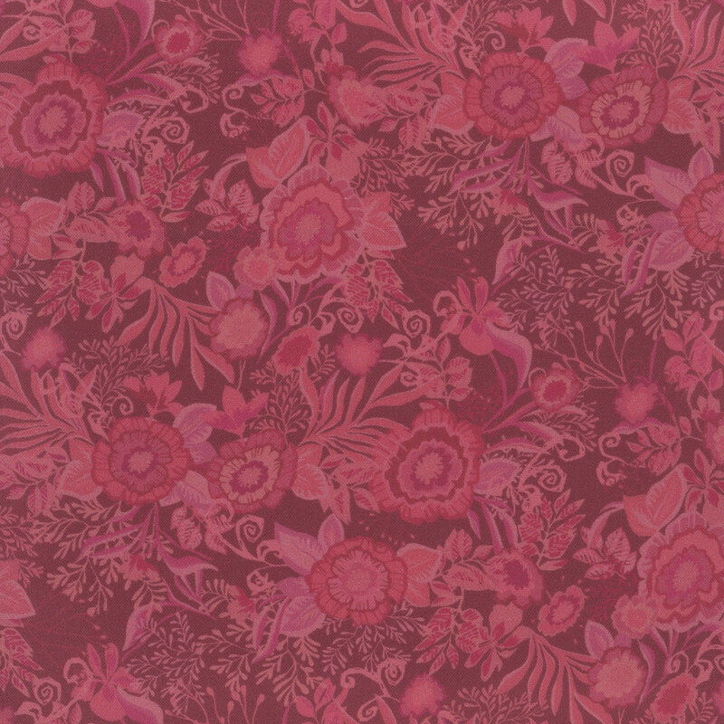 Mulberry red fabric featuring tonal floral bouquets.