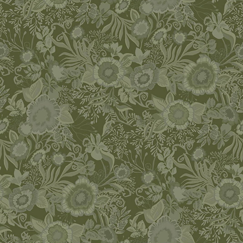 Hunter green fabric featuring tonal floral bouquets.