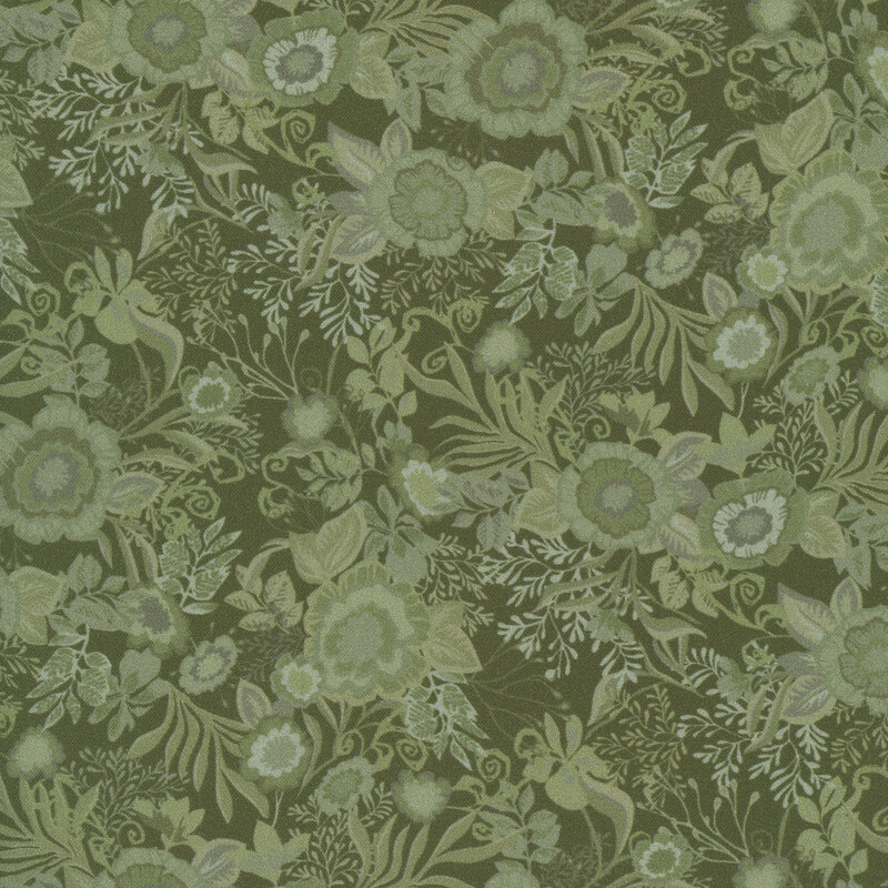 Hunter green fabric featuring tonal floral bouquets.