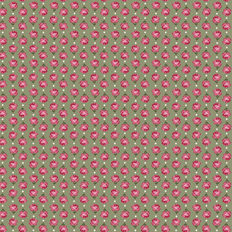 Vertical columns of roses alternating in direction on green fabric.