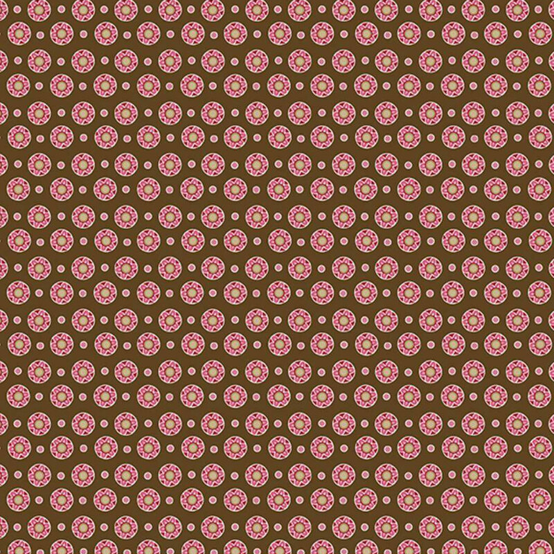 Brown fabric featuring evenly spaced floral medallions and pink circles.