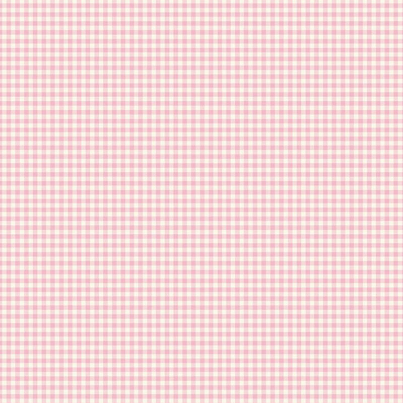 Pastel pink gingham on white fabric.