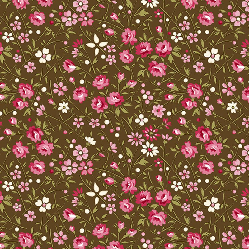 Brown fabric featuring tossed pink, white, and brown flowers with green leaves and stems.
