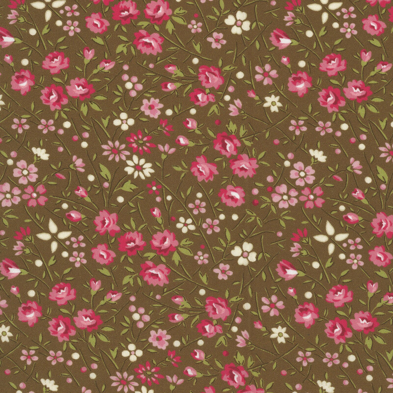 Brown fabric featuring tossed pink, white, and brown flowers with green leaves and stems.