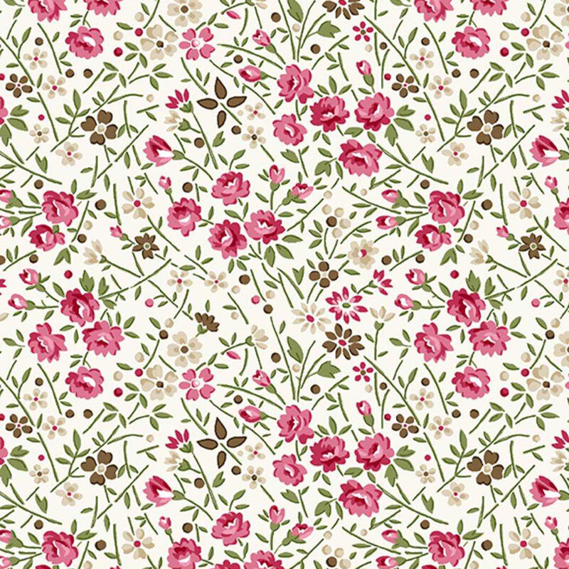 White fabric featuring tossed pink, white, and brown flowers with green leaves and stems.