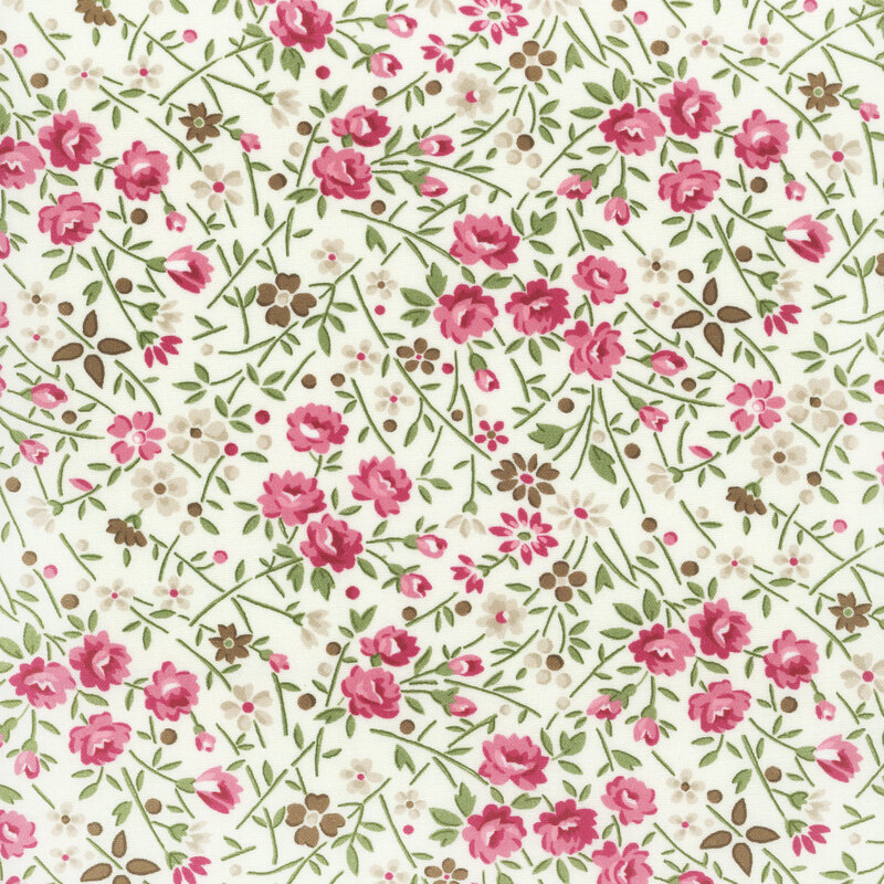 White fabric featuring tossed pink, white, and brown flowers with green leaves and stems.