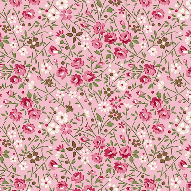 Pink fabric featuring tossed pink, white, and brown flowers with green leaves and stems.