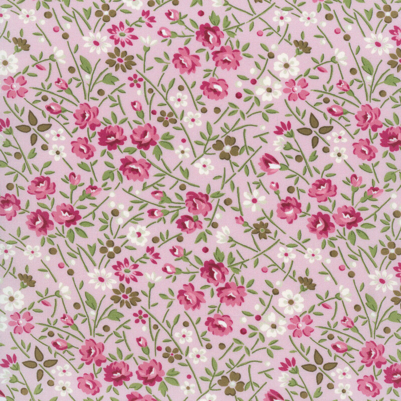 Dusty pink fabric featuring tossed pink, white, and brown flowers with green leaves and stems.