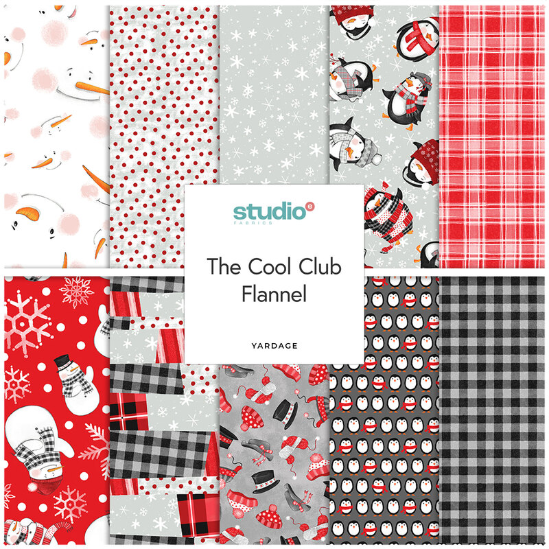A collage of holiday-themed flannel fabric patterns in red, gray, and black featuring snowmen, penguins, and plaid motifs.