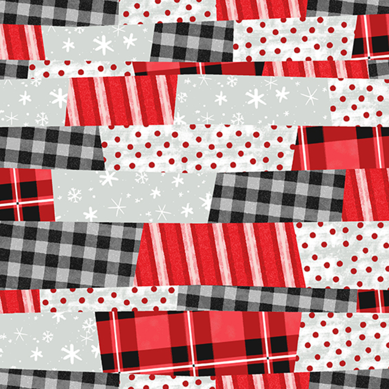 Multi-print flannel fabric with a mix of stripes, gingham, snowflakes, and polka dot patterns.