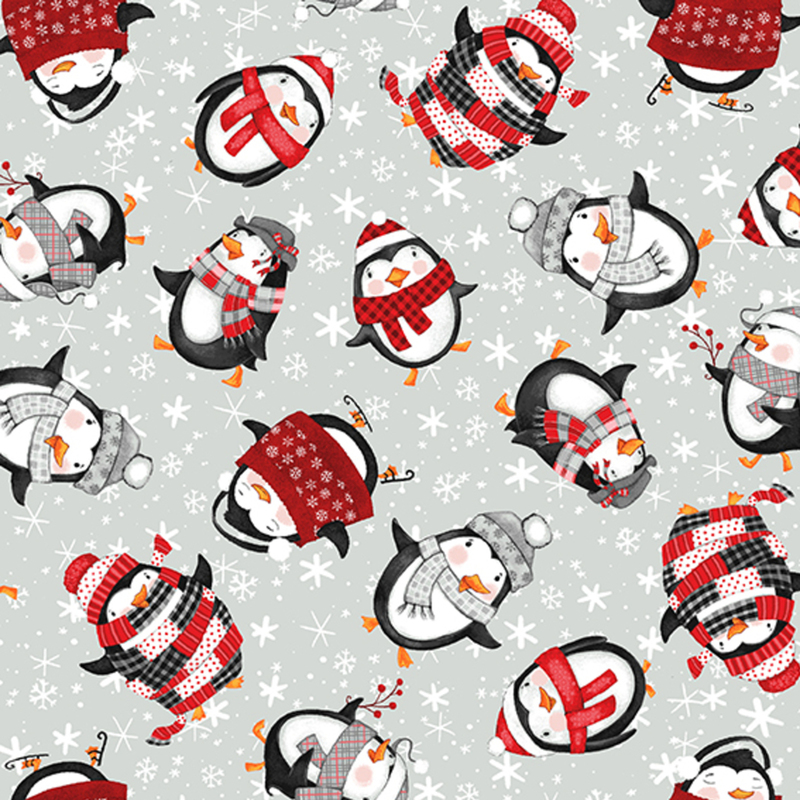 Gray fabric with a playful pattern of cartoon penguins dressed in winter clothes alongside snowflakes.