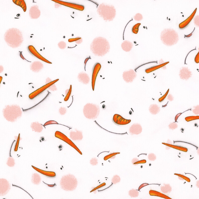White flannel fabric with a cheerful pattern of smiling cartoon snowman faces.