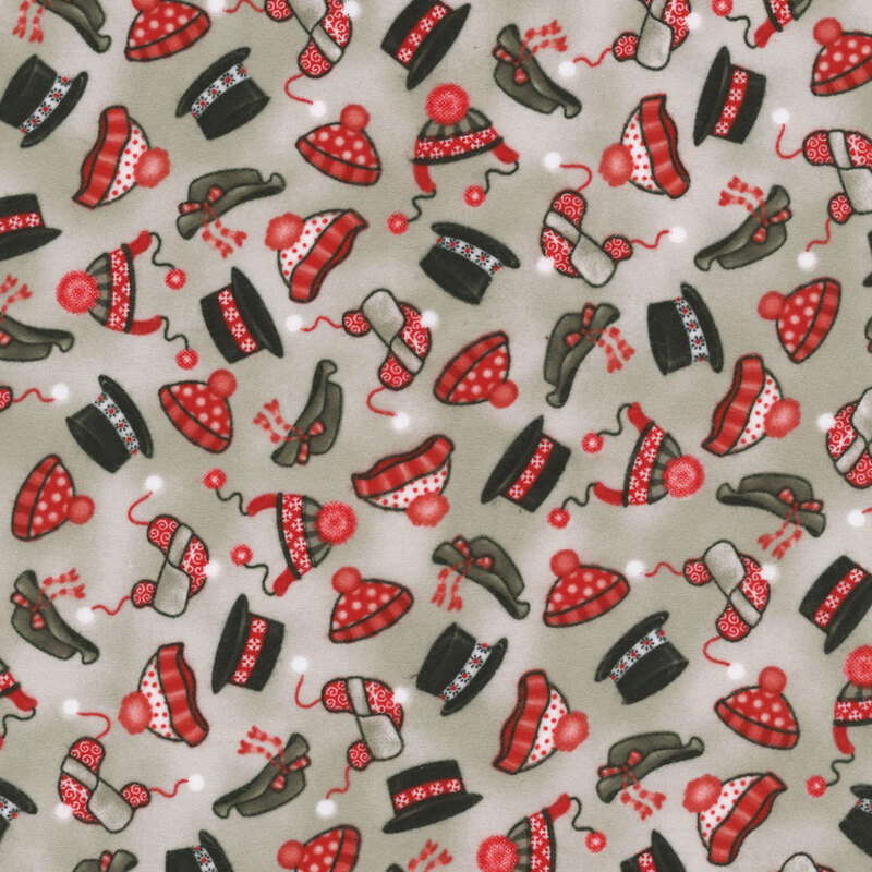 Mottled gray fabric with a scattered pattern of assorted winter hats.
