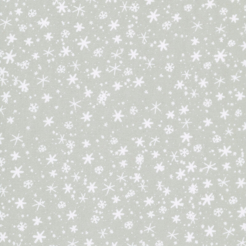 Gray fabric with a pattern of stylized snowflakes.