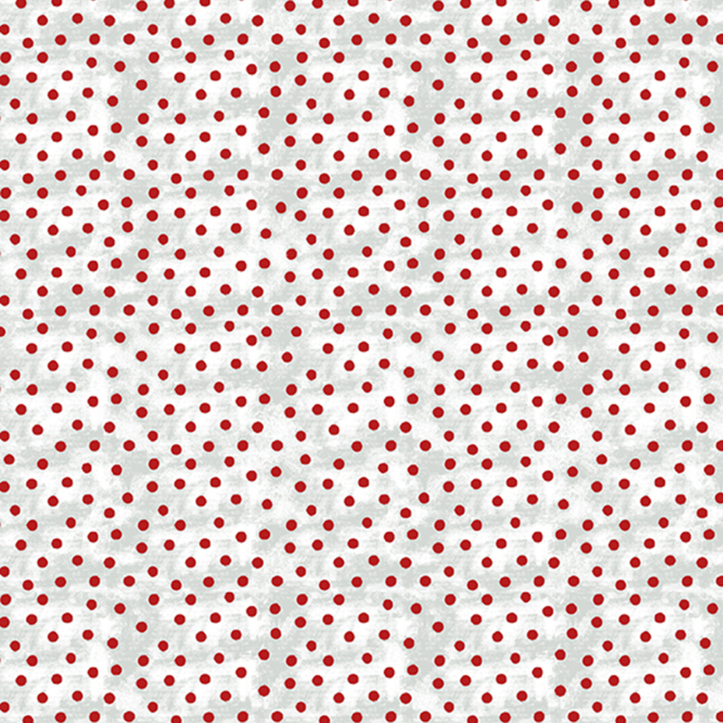 Mottled gray flannel fabric with a red polka dot pattern.