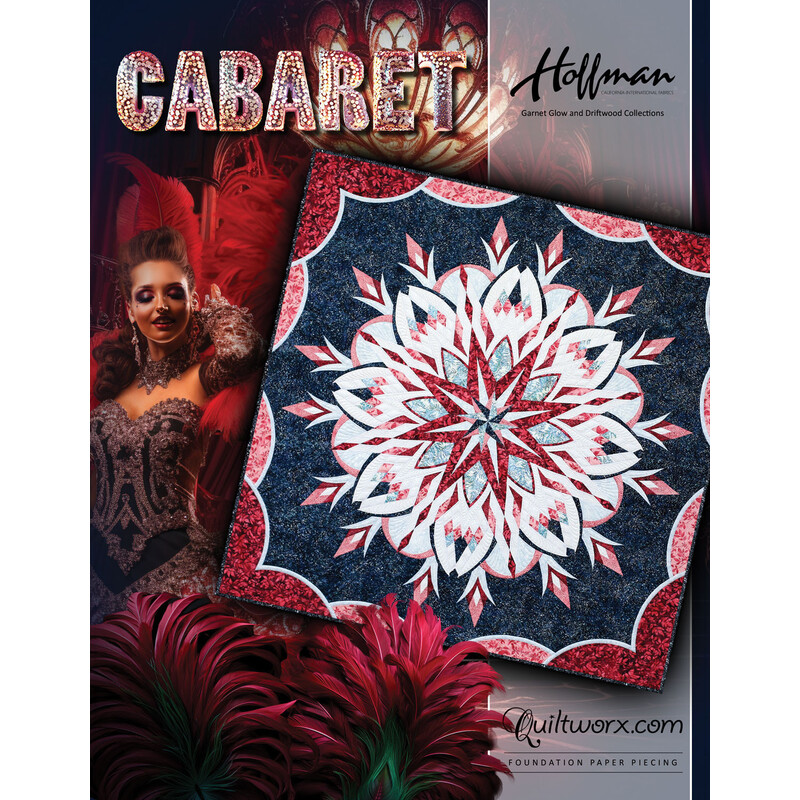 A quilt featuring a starburst design in red, white, and blue, with a cabaret-themed background.