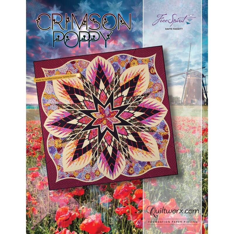 A vibrant quilt design titled Crimson Poppy features a kaleidoscopic floral pattern against a field of poppies.